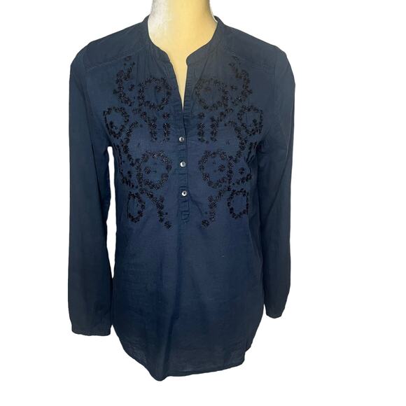 Hartford Alternative Classics Navy Embroidered Peasant Top Blouse Size 1 S 2/4 - Picture 1 of 8